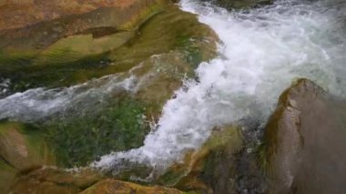 Yazın dağlarda bir dağ nehrinin kaynayan suları