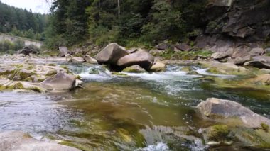 Yazın dağlarda bir dağ nehrinin kaynayan suları