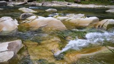 Yazın dağlarda bir dağ nehrinin kaynayan suları