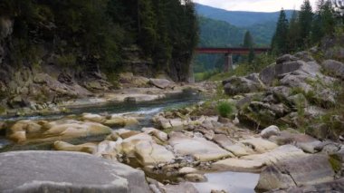 Yazın dağlarda bir dağ nehrinin kaynayan suları