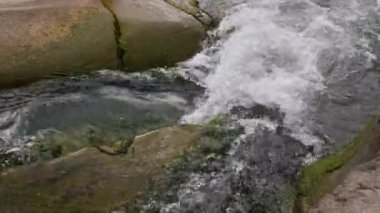 Yazın dağlarda bir dağ nehrinin kaynayan suları