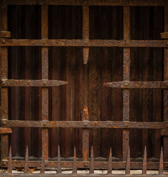 Fragment Old Abandoned Brick House Closed Window Iron Bars Small — Stock Photo, Image