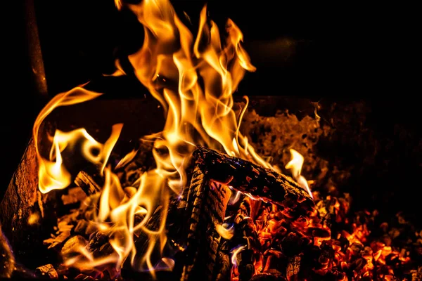 Brûler Bois Chauffage Dans Cheminée Fermer — Photo