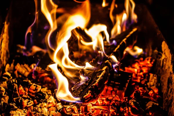 Macro Texture Flame Burning Logs Fireplace — Stock Photo, Image