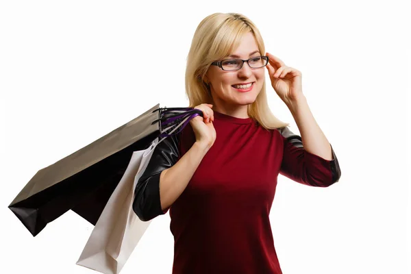 Retrato Mujer Joven Con Bolsas Aisladas Blanco —  Fotos de Stock