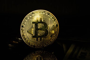 Kopyalama alanı cryptocurrency incelemesi kavramı siyah zemin üzerine altın bitcoin 