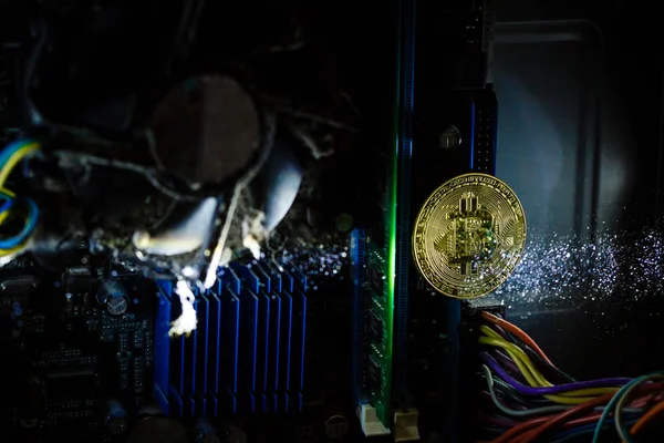 Bilgisayar Devre Kartı Üzerinde Altın Bitcoin Cryptocurrency — Stok fotoğraf