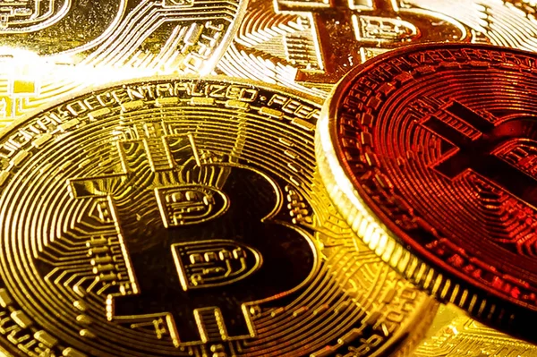 Bitcoin Gold Roter Hintergrund Lichter — Stockfoto