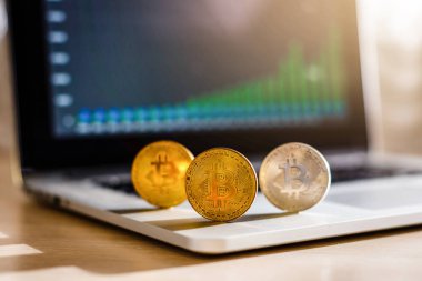 Dizüstü touchpad closeup cryptocurrency sanal para altın bitcoins