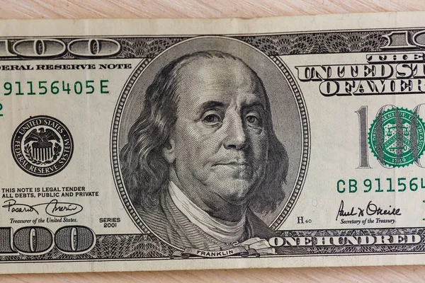 Portret Benjamina Franklina Kilkuset Dolarów Bill Zbliżenie — Zdjęcie stockowe