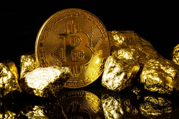 Bitcoin Cumulo Pepite Oro Bitcoin Criptovaluta — Foto Stock