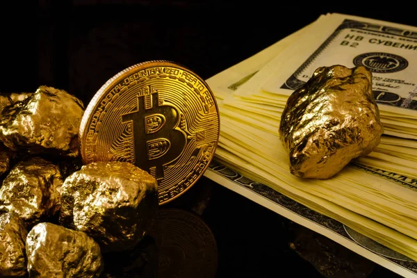 Nugget Oro Dólares Concepto Negocio Billetes Bitcoin — Foto de Stock