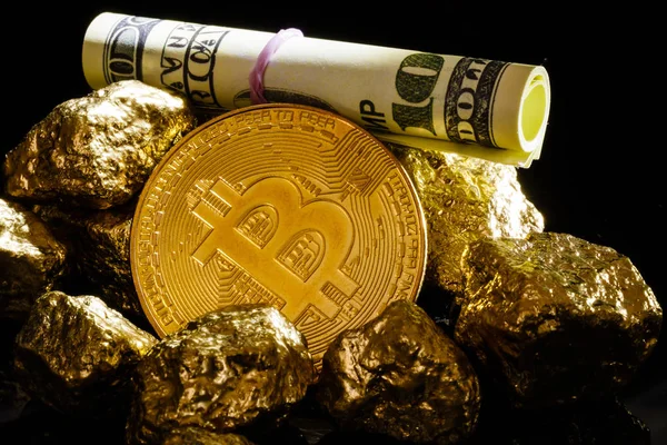 Nugget Oro Dólares Concepto Negocio Billetes Bitcoin — Foto de Stock