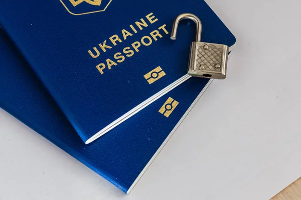 Two Blue Passports White Background Opened Lock — Stock Photo, Image