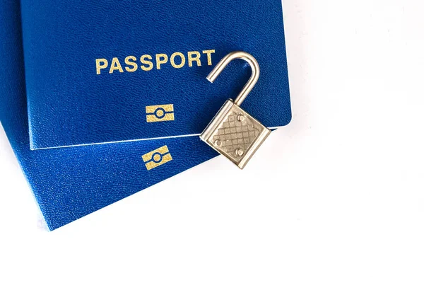 Two Blue Passports White Background Opened Lock — Stock Photo, Image
