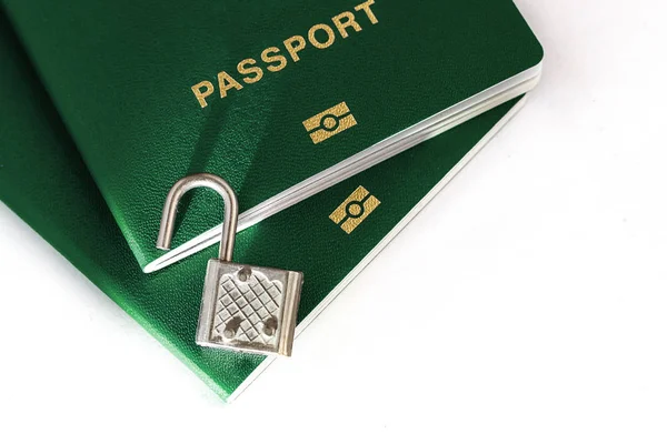 Two Green Passports White Background Opened Lock — Stock Photo, Image