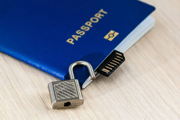 Passports Blue White Background Opened Lock — Stock Photo, Image