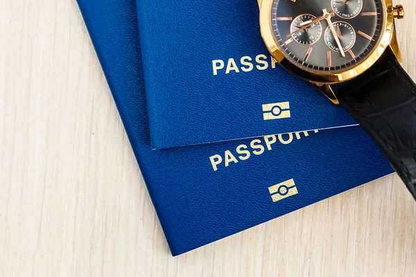Luxury Golden Smart Watches Passport Business Accessories Travel Stay Always — Stock Photo, Image