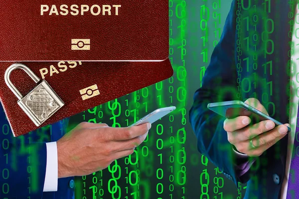 Man holding cell phone passports and boarding passport at airport waiting the flight