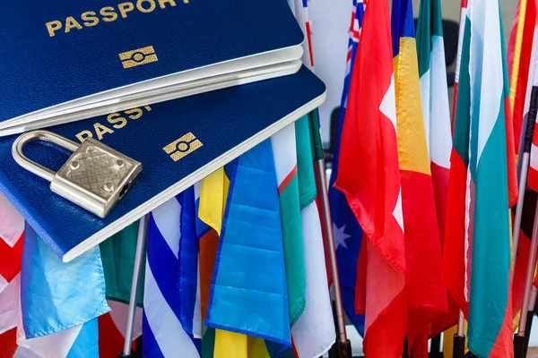 Blue Passports Several Cards Flags World — Stock Photo, Image