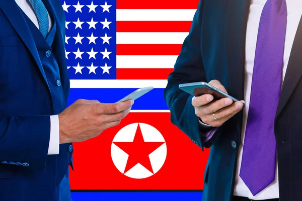 Businessman Talking Phone Usa North Korea Graphic Concept — 图库照片