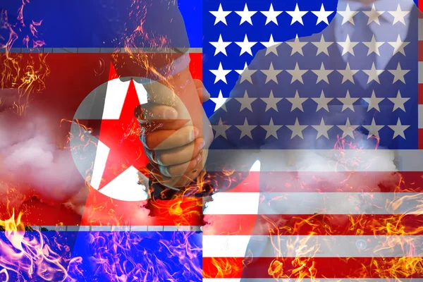 Hands Two Businessmen Shaking Hands North Korea Usa Flag Background — Stock Photo, Image