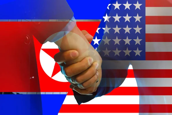 Giant Stone Handshake Shining American North Korean Flag Peace Concept — Stock Photo, Image