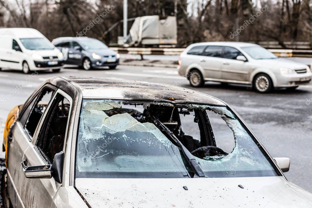 Crashed car with broken windshield transportation accident