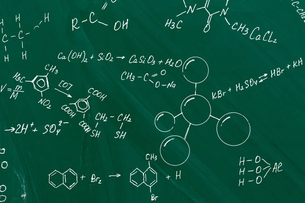 Molecule models and formulas on board background