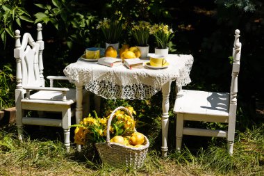 Dekoratif bahçe yemek tarzı, güzel hava ve parlak 