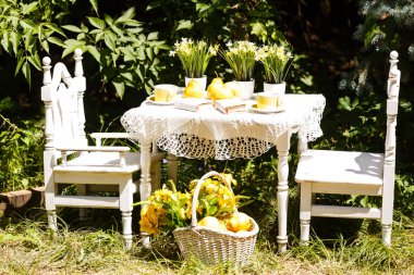 Dekoratif bahçe yemek tarzı, güzel hava ve parlak 