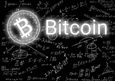 Matematik formülleri fizik ve siyah arka plan Bitcoin arka plan sembolü bir bit sikke için kazma cevap hesaplamak için bir formül olduğunu