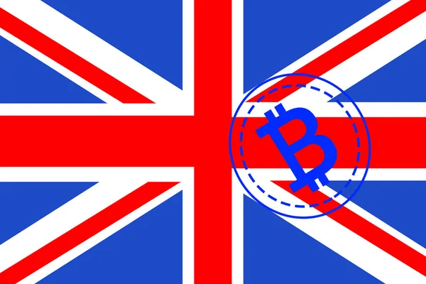 物理版本的比特币新的虚拟货币和英国国旗的概念形象投资者在 — 图库照片