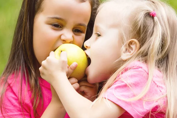 Two Little Girls Eating Apples Sitting Park Grass — Stock Photo, Image