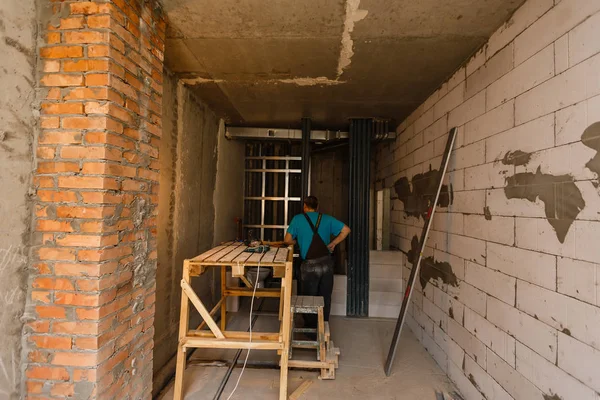 Repair workers making office renovation