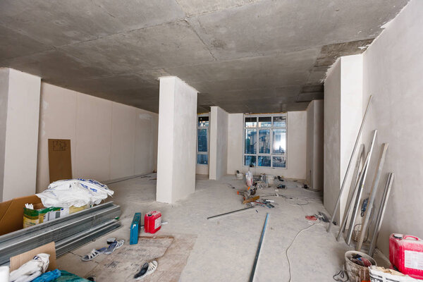 Dismantling of apartment interior before upgrade. Material for repairs in an apartment is under construction, remodeling, rebuilding and renovation