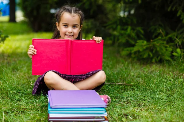 Kleines Mädchen Hält Bunte Bücher Den Händen — Stockfoto