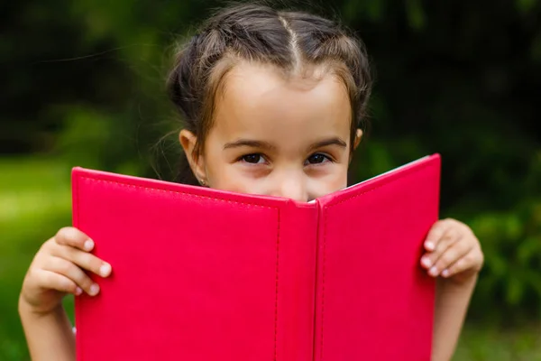 Charmantes Kleines Mädchen Wald Mit Buch Über Den Hintergrund Des — Stockfoto