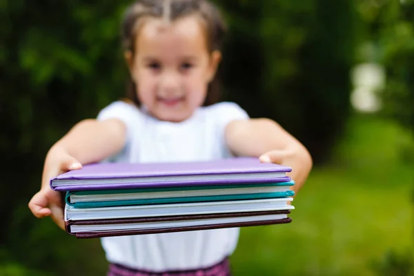 Menina Segurando Livros Coloridos Mãos — Fotografia de Stock