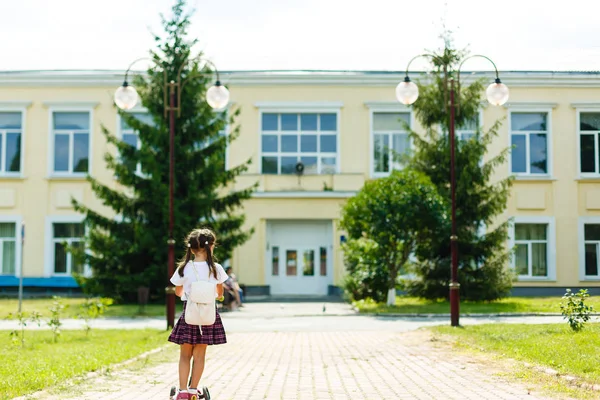 Child Riding Scooter Way Back School Little Girl Playing Outdoors — Stock Photo, Image