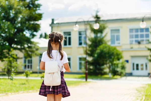 Menina Com Uma Mochila Indo Para Escola Vista Para Trás — Fotografia de Stock