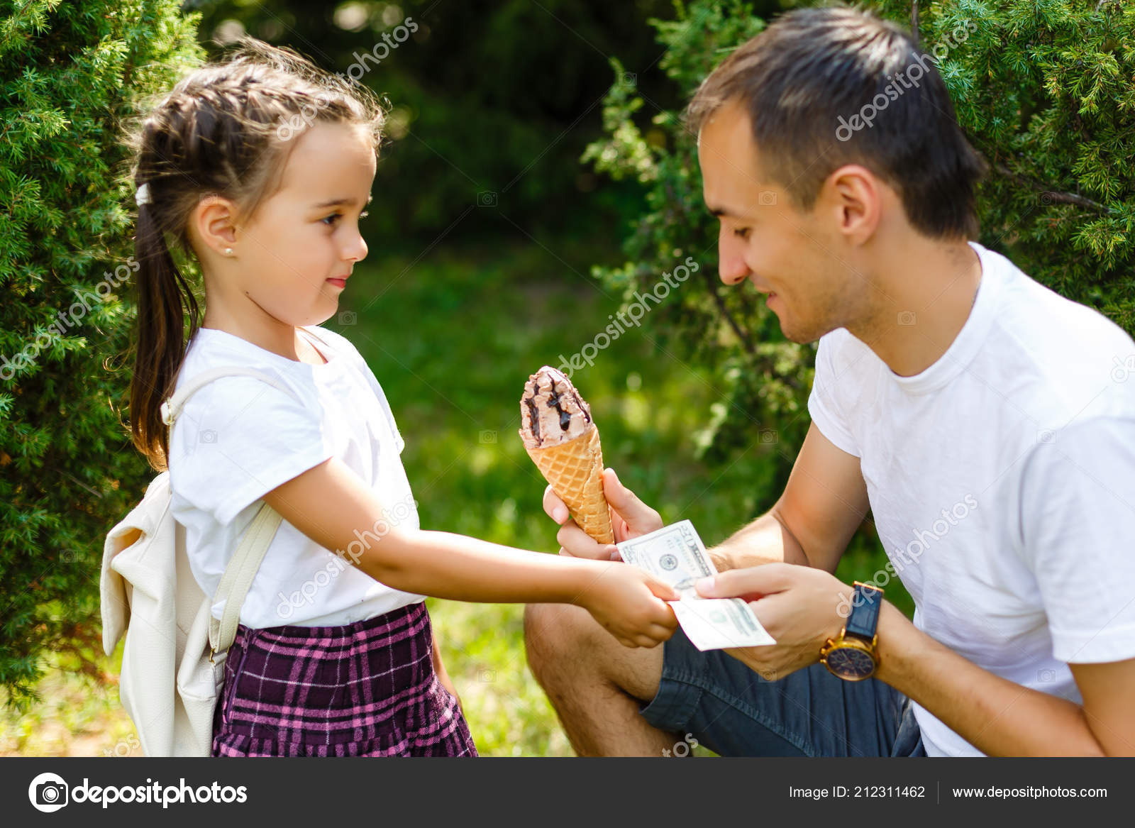 Father Daughter Eat Ice Cream Exchange Ice Cream Dollar Stock Photo by