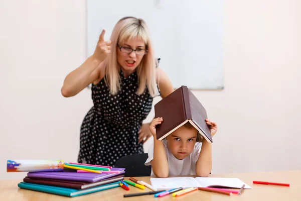 Angry Teacher Screaming Little Schoolgirl Classroom — Stock Photo, Image