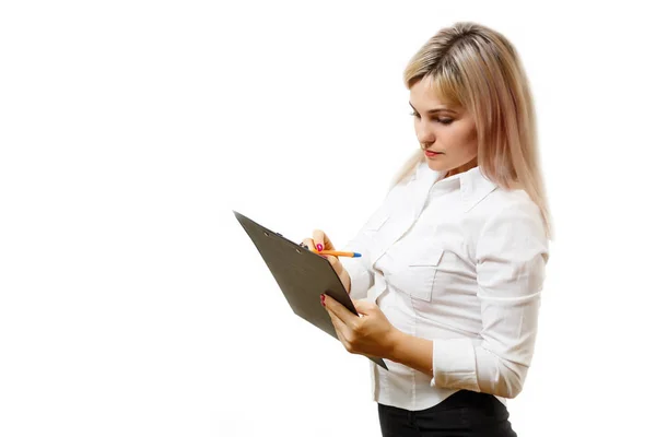 Gelukkig Lachend Vrolijke Jonge Zakenvrouw Schrijven Klembord Geïsoleerd Witte Achtergrond — Stockfoto