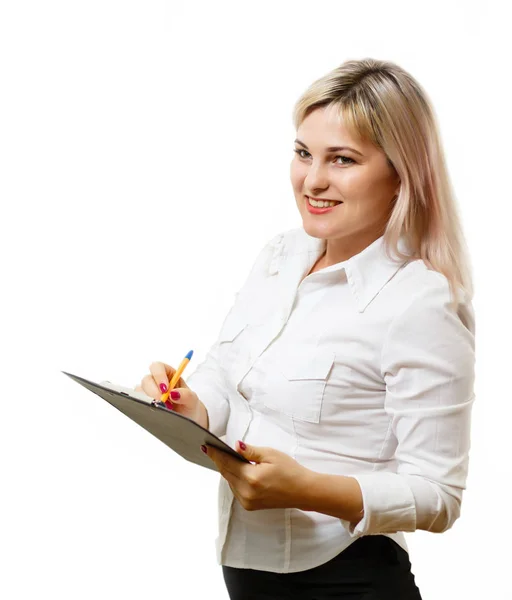 Feliz Sorridente Alegre Jovem Empresária Escrevendo Área Transferência Isolado Fundo — Fotografia de Stock