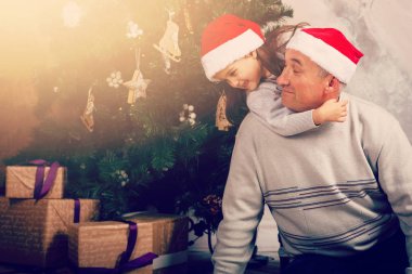 kış tatil kavramı. mutlu dede ve torunu Noel ağacı süsleme 