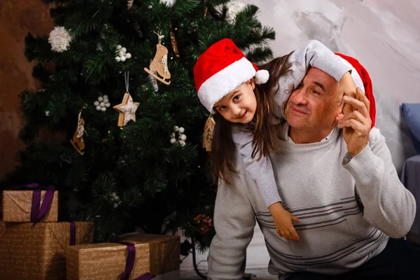 Kış Tatil Kavramı Mutlu Dede Torunu Noel Ağacı Süsleme — Stok fotoğraf