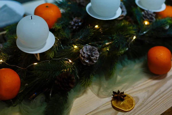 Jul Dekoration Med Gran Och Dekorationer — Stockfoto