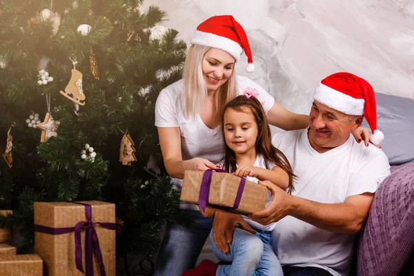 老人の孫娘とクリスマス ツリーの近くの娘と過ごす時間のサンタ帽子 — ストック写真