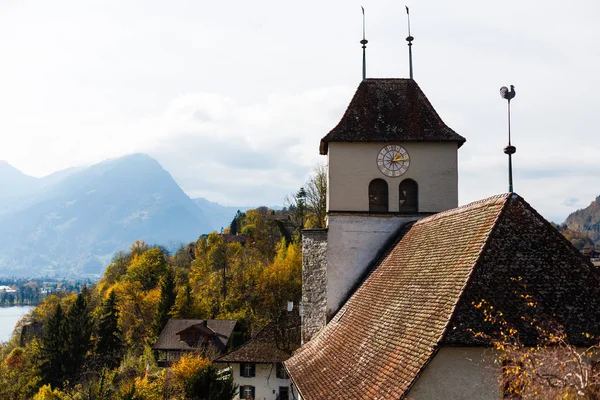 View Mountain Church Assumption Swiss Alps — стоковое фото